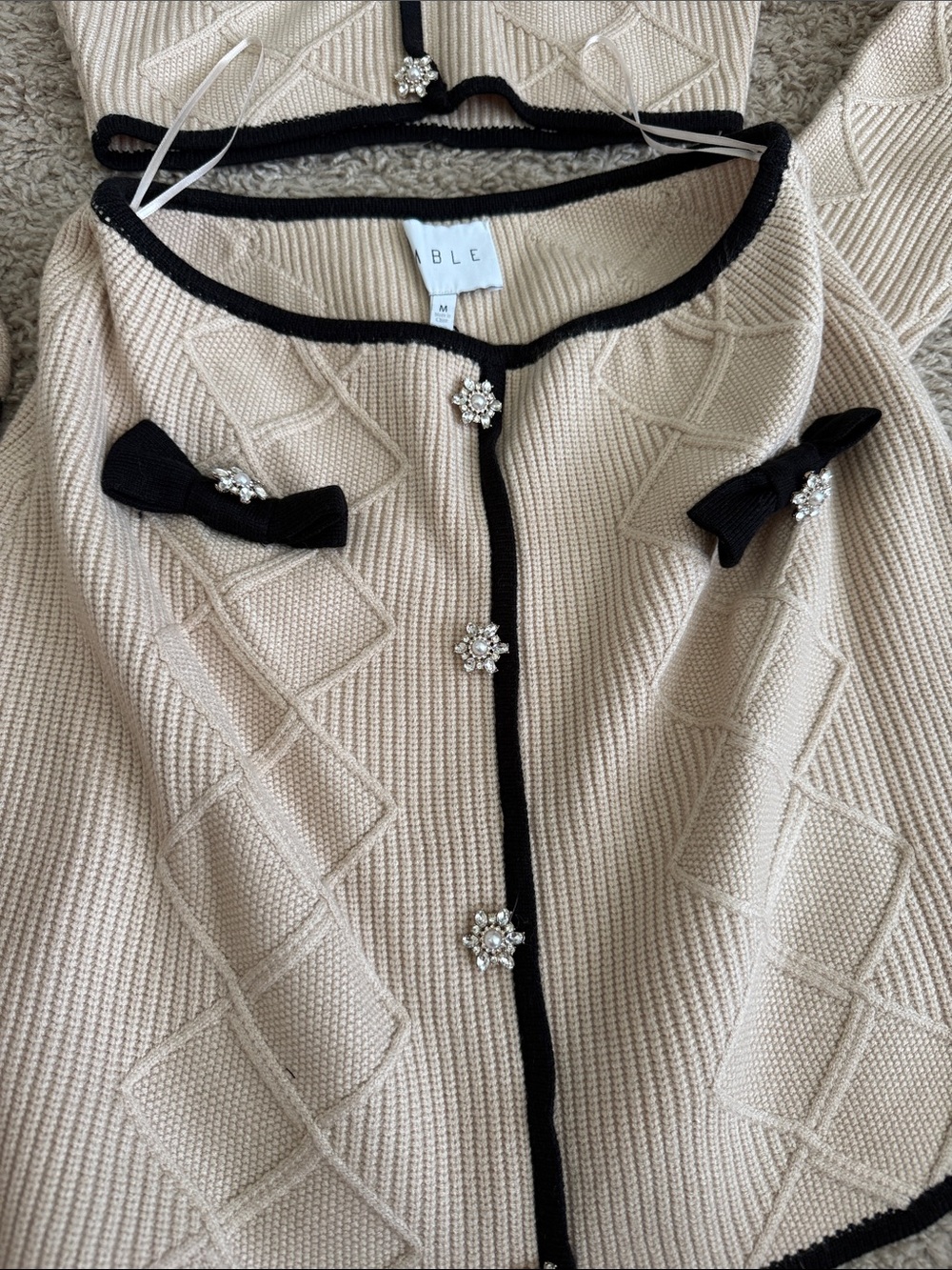 Beige Knit Mini Skirt Set with Black Trim and Embellished Bows *SmTop, Med Skirt - Picture 3 of 3